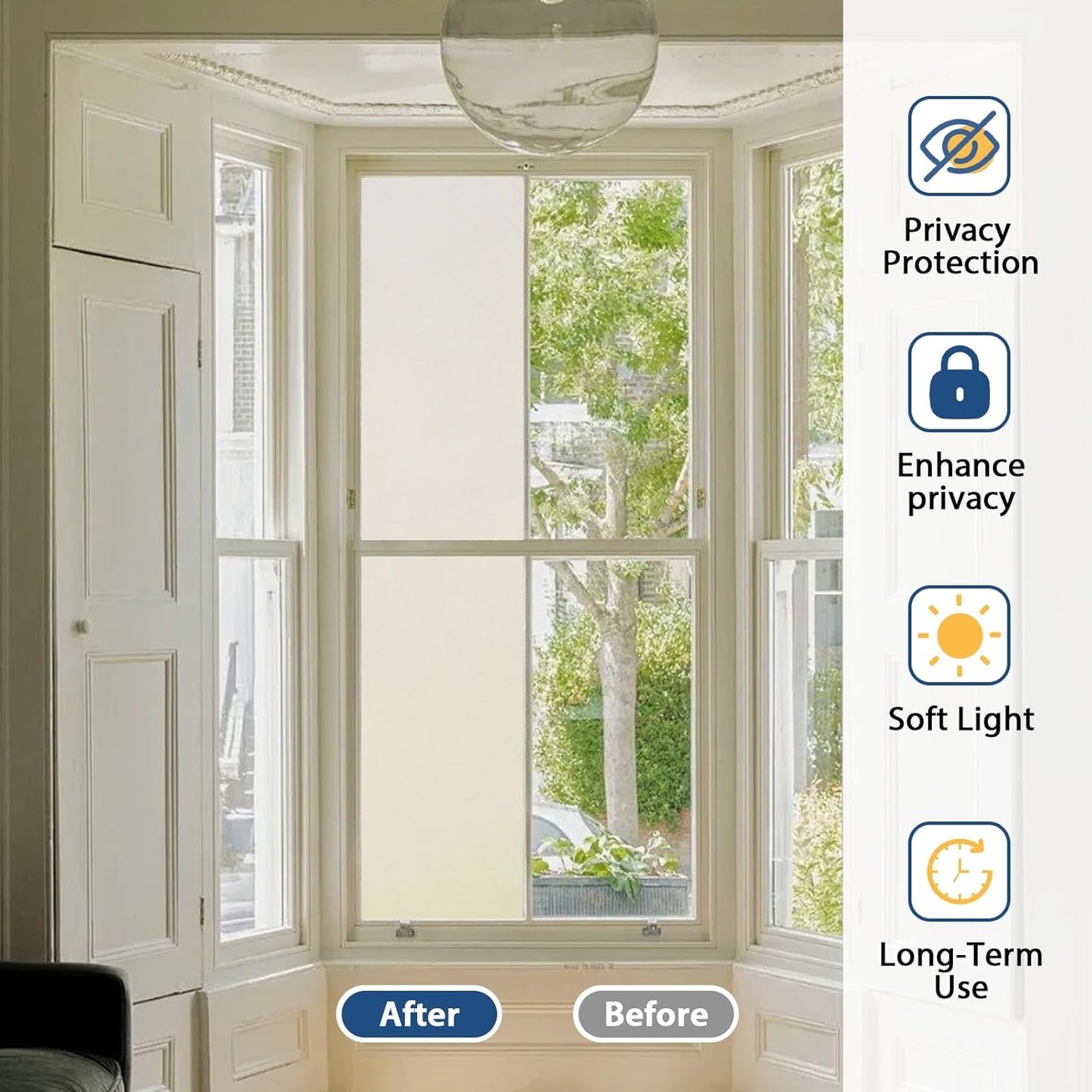 Timeet Window Privacy Film, Frosted Glass Window Clings, Static Cling Heat UV Blocking Anti-Glare Frosting Stickers, Decorative Bathroom Door Coverings Day and Night, 17.5 x 78.7 Inch, Pure