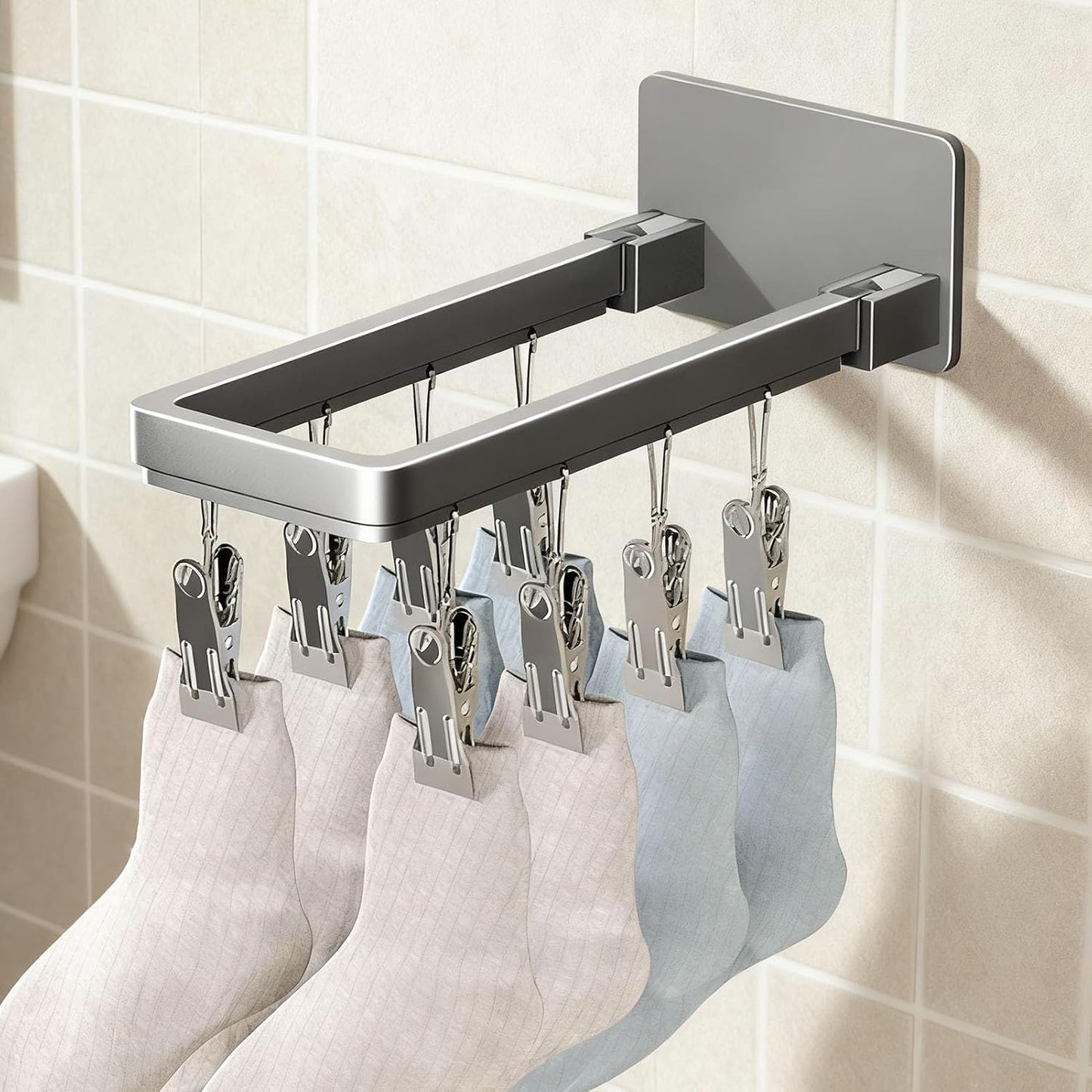 Pssopp Wall Mounted Drying Rack, Zinc Alloy Foldable Wall Clothes Rack, Space Saving Laundry Hanger 8 X 6.2 Cm for Socks Bras Underwear Towels in Laundry Room Bathroom (8 Clips (23.3cm/9.2in))