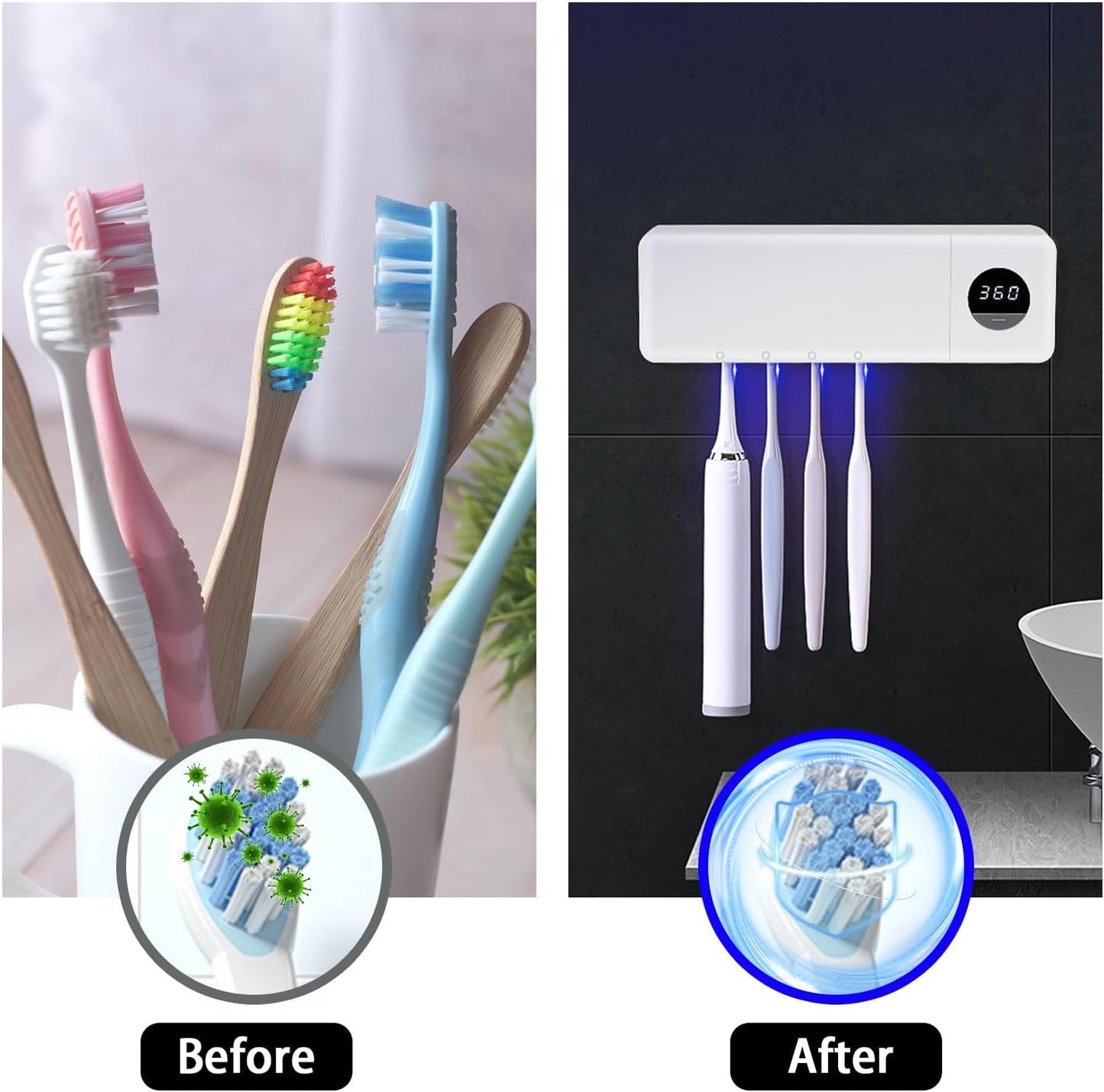 Cordless Toothbrush Holder, Toothbrush Cleaner with 4 Slots & 360s Timer Function, No-Drill Rechargeable Wall-Mounted Toothbrush Holders for Bathroom Family, White