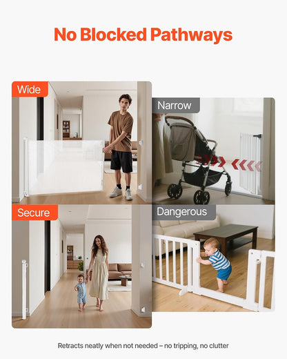 VEVOR Retractable Baby Gate, Extends to 202.7 inch Extra Wide, 39 inch Tall, with Reinforced Fiberglass Strips, Avoids Crawling Through, Mesh Dog Gate for Decks, Doorways, Garages, Indoor, Black