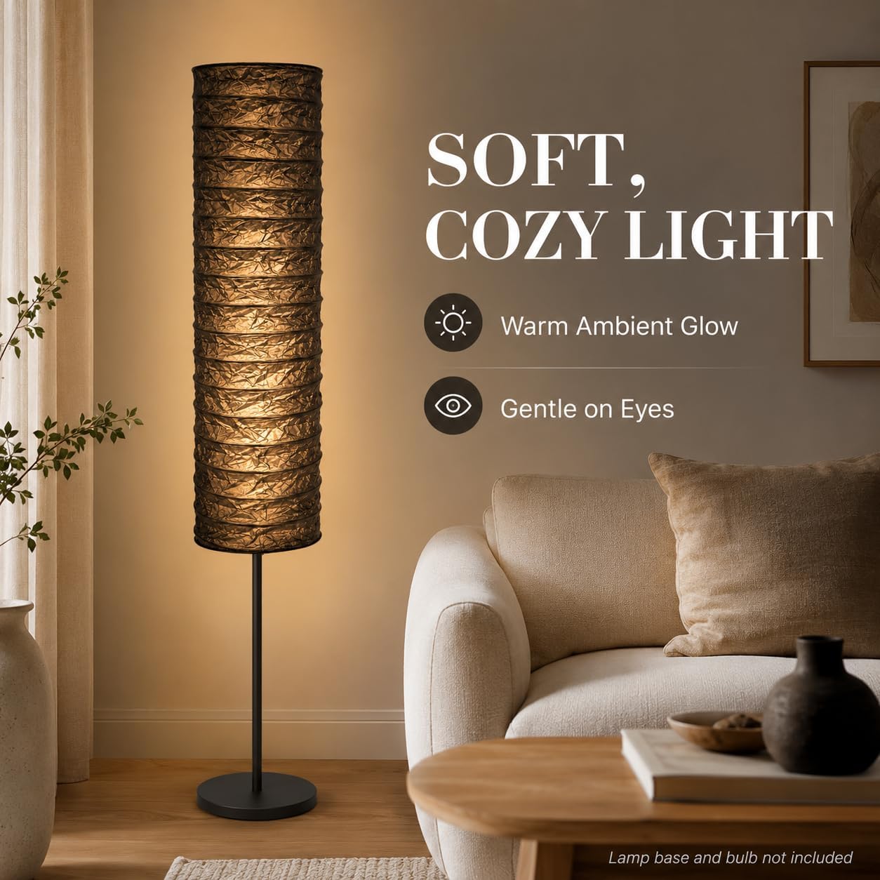 DECHOUS Rice Paper Floor Lamp Shade: Japanese Style Foldable Standing Lampshade Paper Light Cover Replacement For Living Room Bedroom, Black