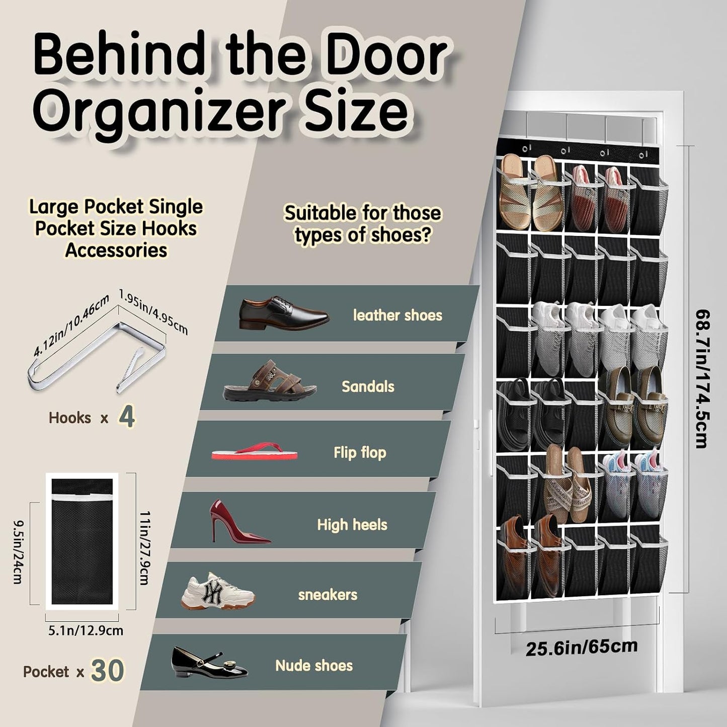 Kotkn Over the Door Shoe Organizer with 30 Breathable Mesh Pockets - Large Capacity Closet Storage for Men & Women, Hanging Shoe Rack Organizer (Gray)