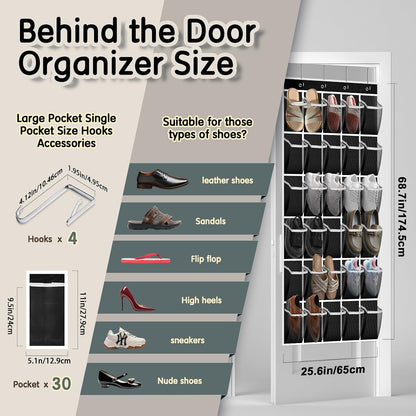 Kotkn Over the Door Shoe Organizer with 30 Breathable Mesh Pockets - Large Capacity Closet Storage for Men & Women, Hanging Shoe Rack Organizer (Gray)