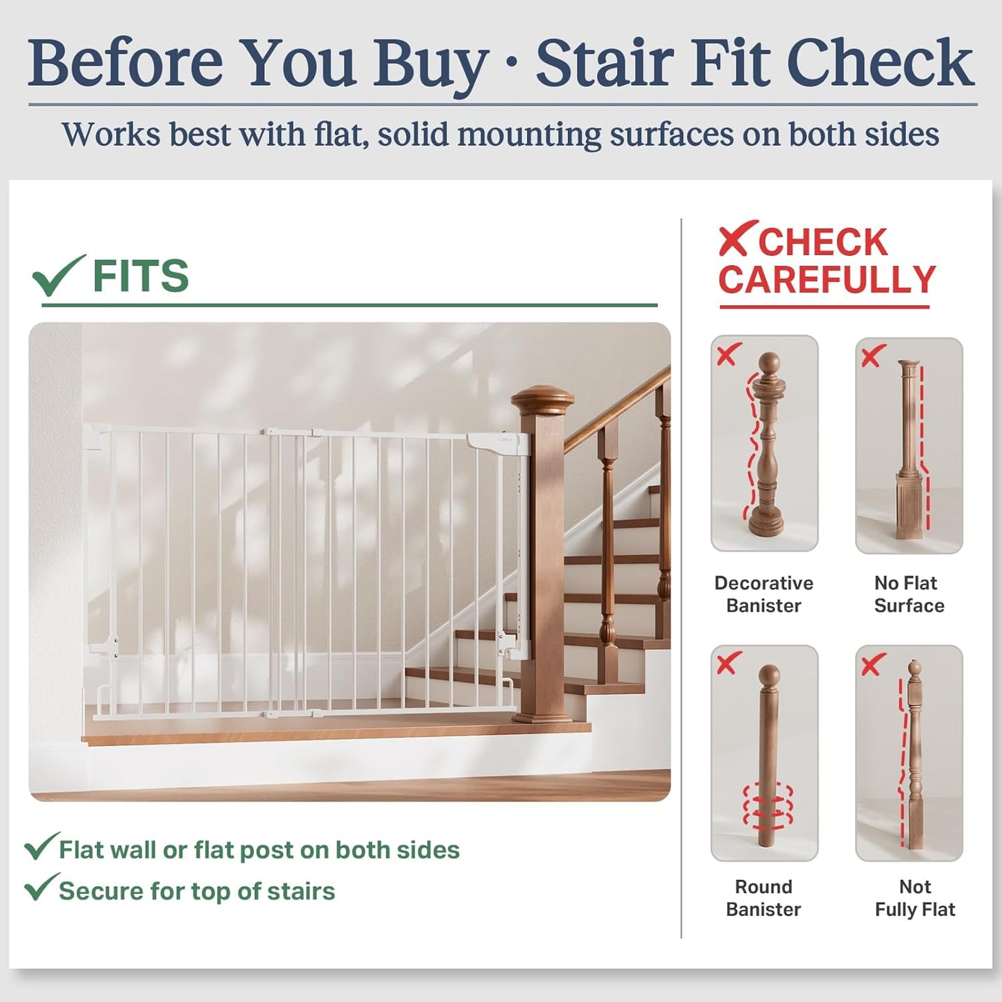 Cumbor 29.2–43" Baby Gate for Stairs, Hardware Mounted (Drill Required), Expandable No Bottom Bar Dog Gate, Auto Close Extra Wide Walk Thru, Pet & Toddler Proof Gate, Top & Bottom of Stairways (White)