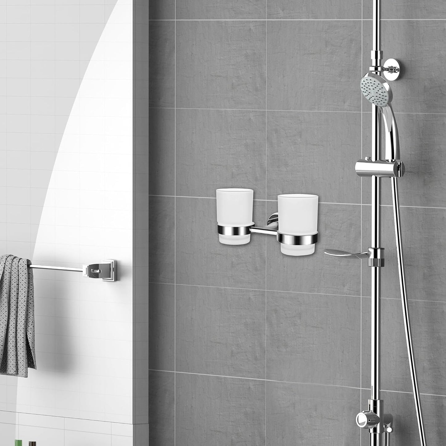 Bathroom Toothbrush Holders Set - Wall Mounted Tooth Brush Holder with Glass Toothpaste Cup, Stainless Steel Toothbrush Caddy Storage for Kids & Adult (Single)