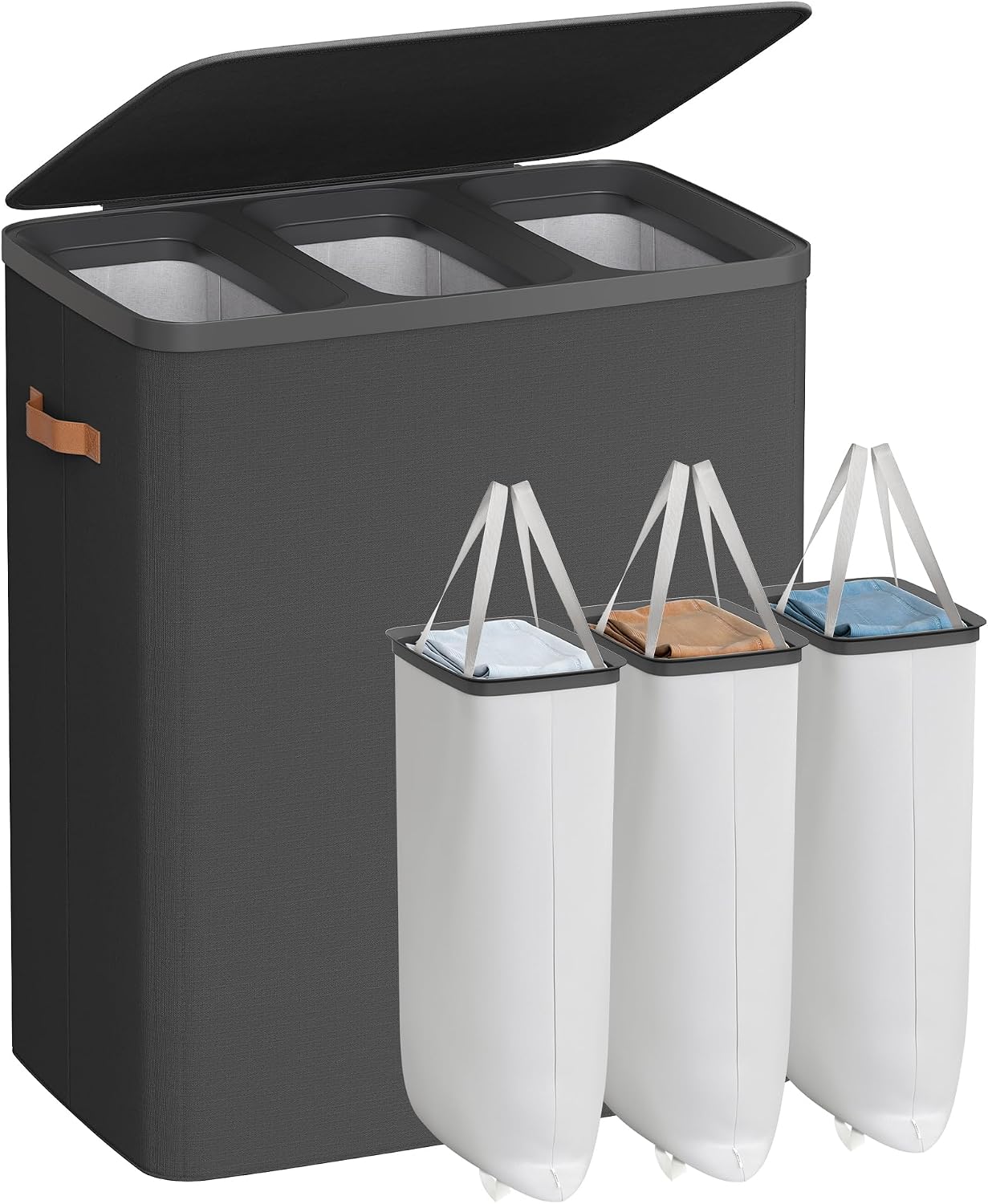 SONGMICS Laundry Basket, 50.2 Gal. Laundry Hamper, 3 Compartments, Easy Assembly, with Lid and Handles, Removable Liners, 25.2 x 15.7 x 29.5 Inches, Cappuccino Beige ULCB814LH01