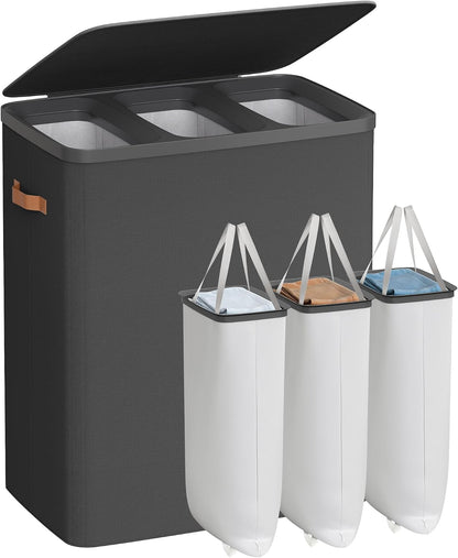 SONGMICS Laundry Basket, 50.2 Gal. Laundry Hamper, 3 Compartments, Easy Assembly, with Lid and Handles, Removable Liners, 25.2 x 15.7 x 29.5 Inches, Cappuccino Beige ULCB814LH01