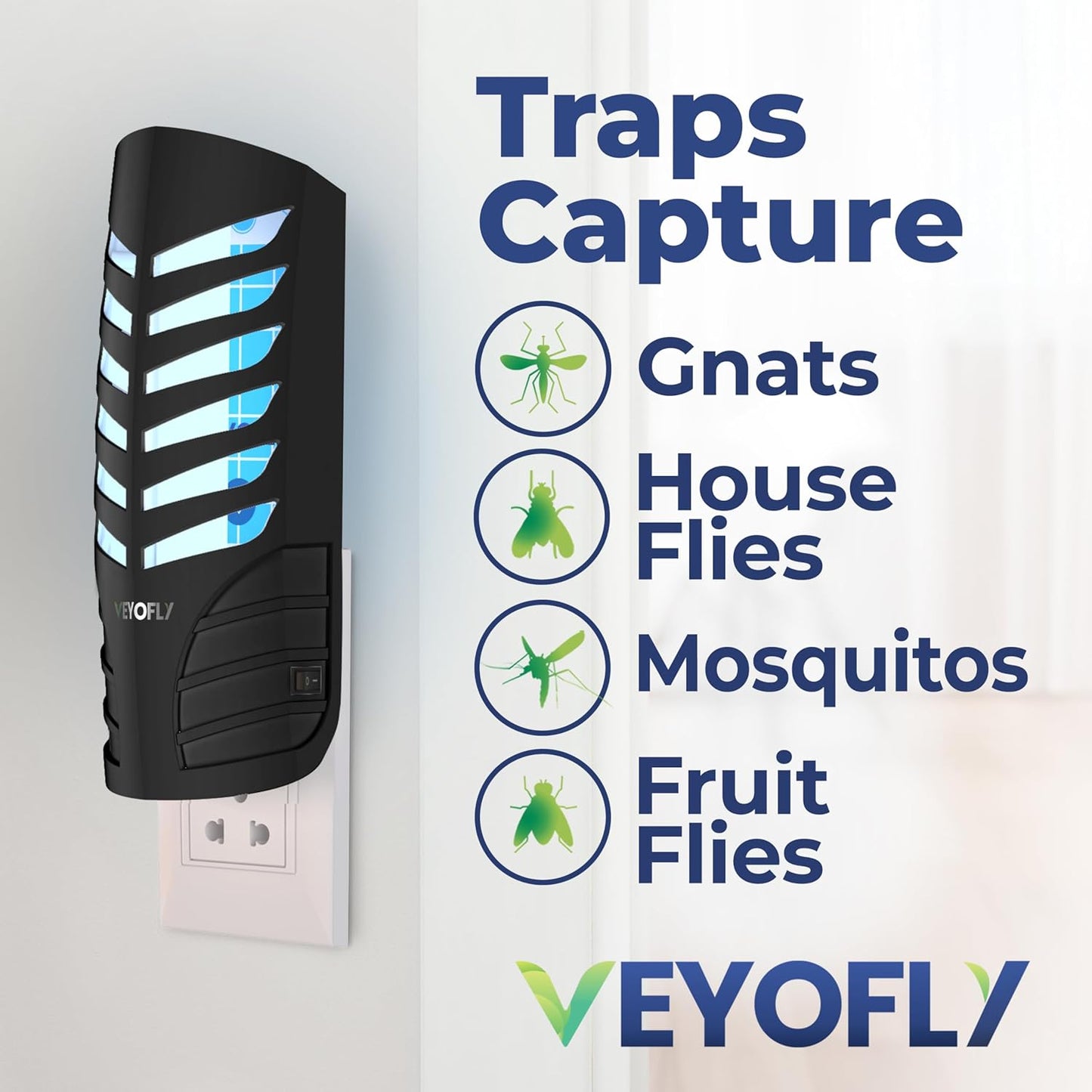 VEYOFLY Fruit Fly Traps for Indoors (2 Device + 6 Refills), Gnat Trap Indoor Plug in, Bug Traps, Flying Insect Trap, Gnat Traps for House Indoor, Fly Trap Indoor for Home Bug Light, Gnats Catcher