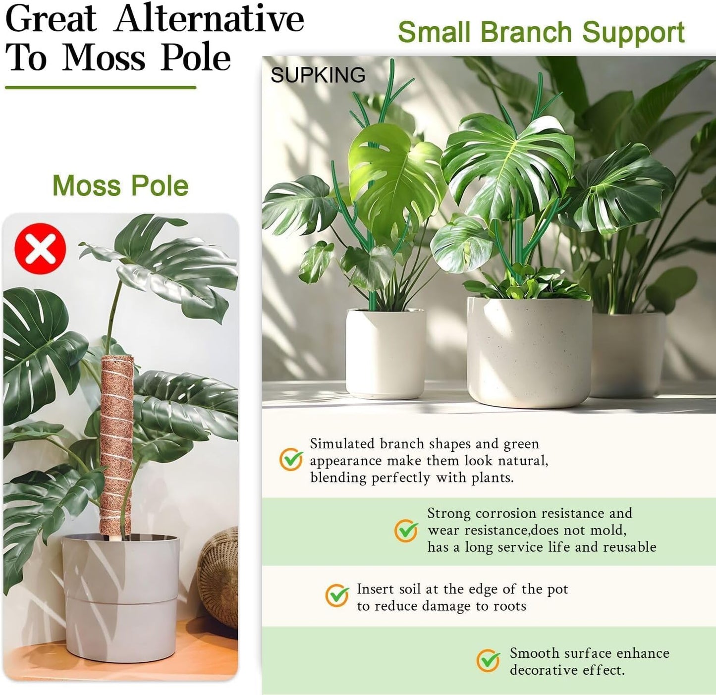 SupKing Adjustable Monstera Plant Support Garden Stakes 8 Pcs Stackable Branch Plant Stakes for Indoor Plants, Vine, Photos, Climbing and Potted Plants Come with 30 Pcs Plant Twist Tie