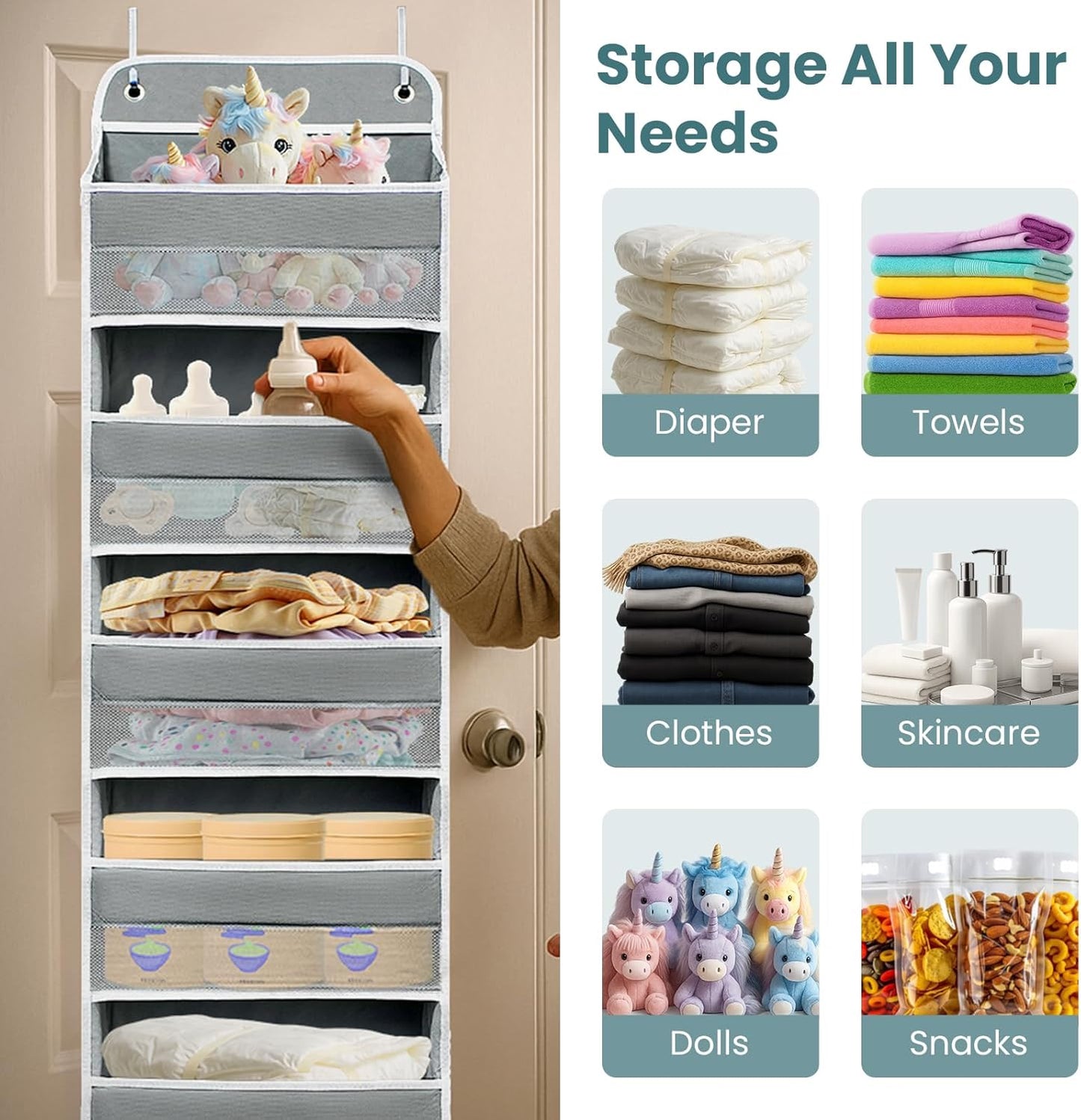 Over The Door Organizer with LifetimeWarranty, 4 Shelves & 4 Side Pockets, Large Storage Rack Holds 44lb, Heavy-Duty Reinforced Mesh Shelf for Bathroom, Closet, Toy Organization, Shoes, Towels, Grey