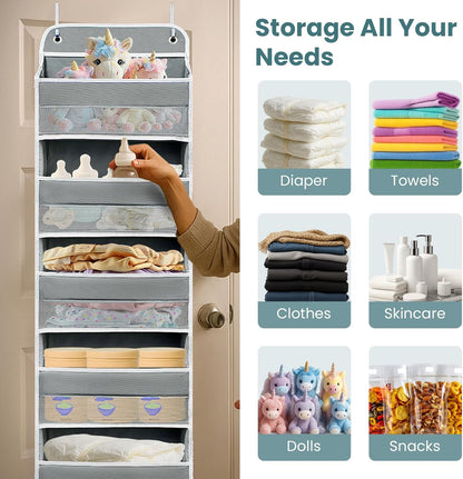 Over The Door Organizer with LifetimeWarranty, 4 Shelves & 4 Side Pockets, Large Storage Rack Holds 44lb, Heavy-Duty Reinforced Mesh Shelf for Bathroom, Closet, Toy Organization, Shoes, Towels, Grey