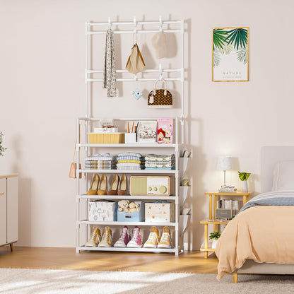 OYREL Shoe Rack 5 Tier Shoe Organizer Storage 15-20 Pairs Shoes Rack for Closet Entrance Shoe Rack Organizer with Hooks and Side Pocket Entryway Shoe Holder Space Saving Free Standing Shoe Racks