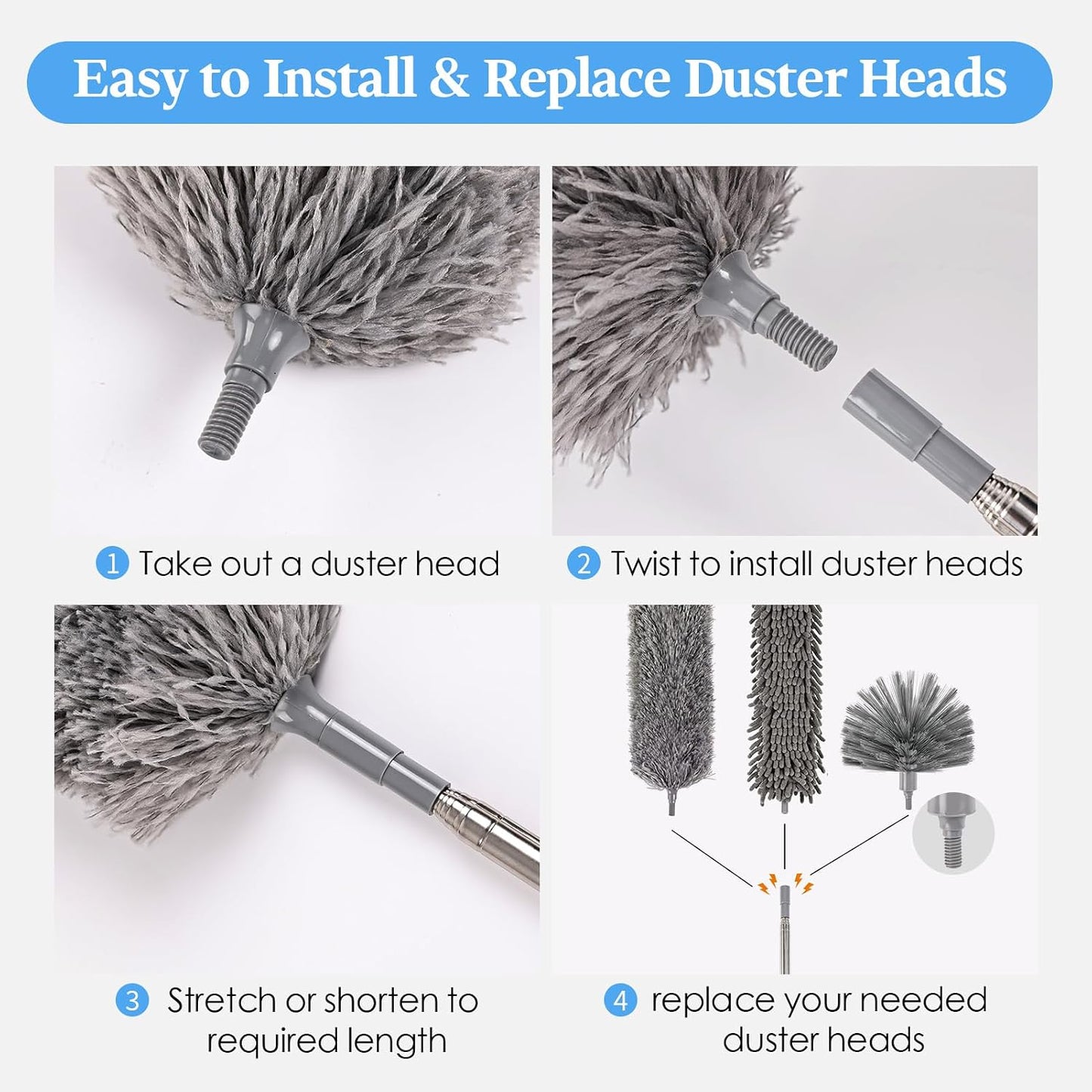 Microfiber Feather Duster 5-in-1 Kit with Extension Pole, Washable Cleaning Duster Set with 3 Duster Heads, Cobweb Duster, Corner Brush, 100'' Extendable Long Duster for High Ceilings, Fans, Furniture