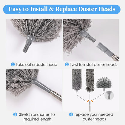 Microfiber Feather Duster 5-in-1 Kit with Extension Pole, Washable Cleaning Duster Set with 3 Duster Heads, Cobweb Duster, Corner Brush, 100'' Extendable Long Duster for High Ceilings, Fans, Furniture