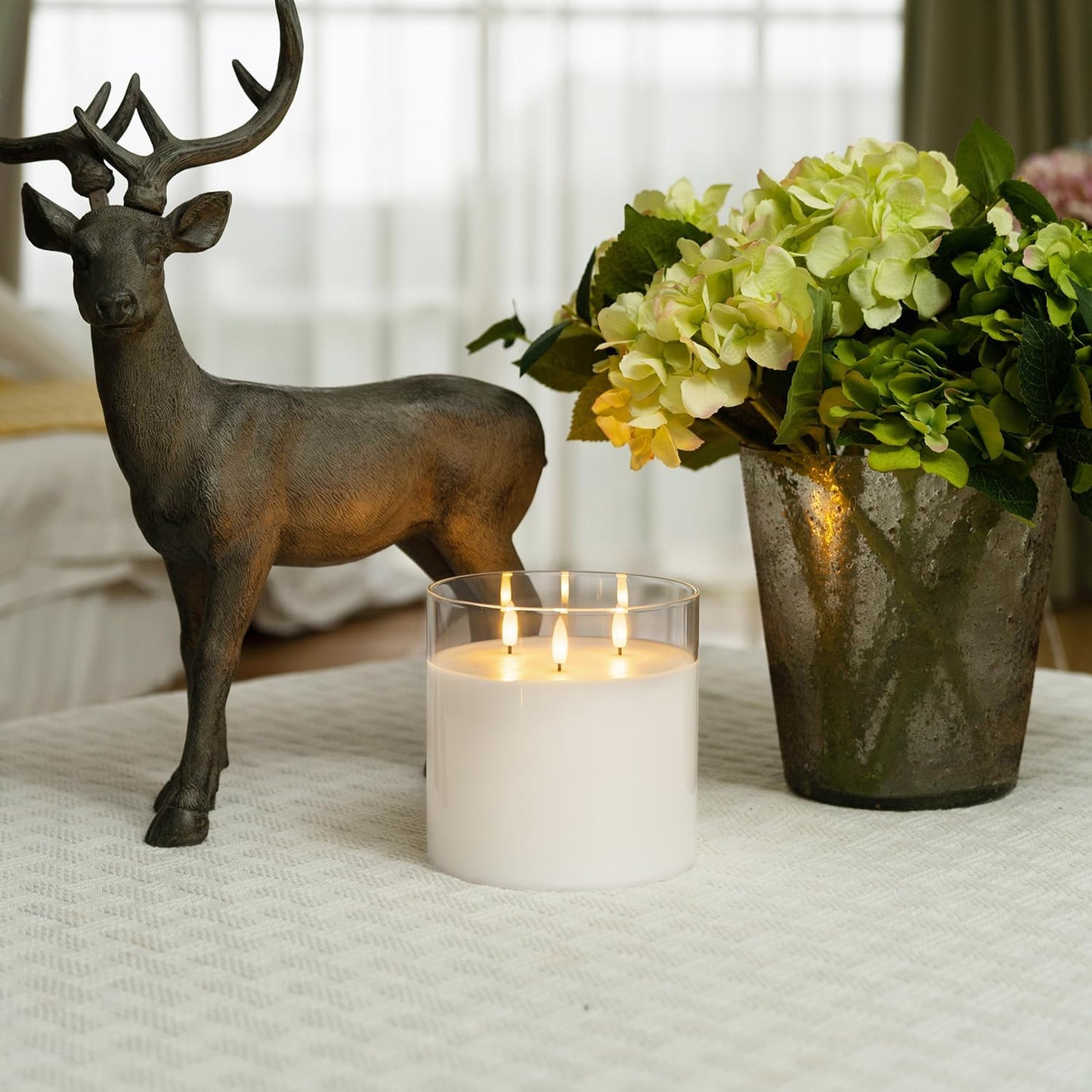 Homemory Green Glass Flameless Candles, Battery Operated LED Pillar Candles with Remote Control and Timer, Radiance Candles, Real Wax, Set of 3,D3 xH4 5" 6"
