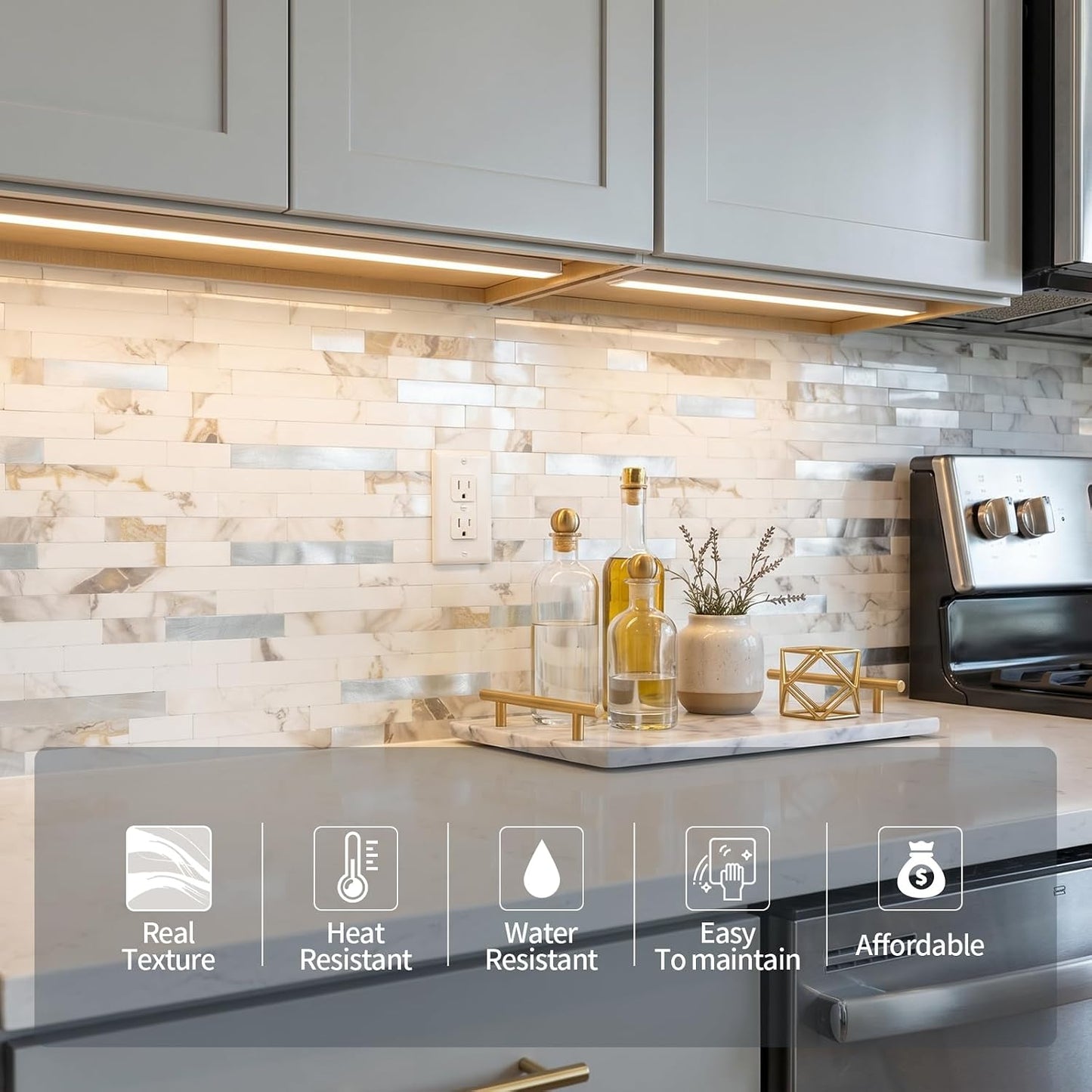 Yipscazo 2026 New Upgrade 11.34" X 11.57" Peel and Stick Backsplash, Stick on Backsplash Tiles for Kitchen, Bathroom, Fireplace (10 Sheets, Beige Rocks + Rose Gold)