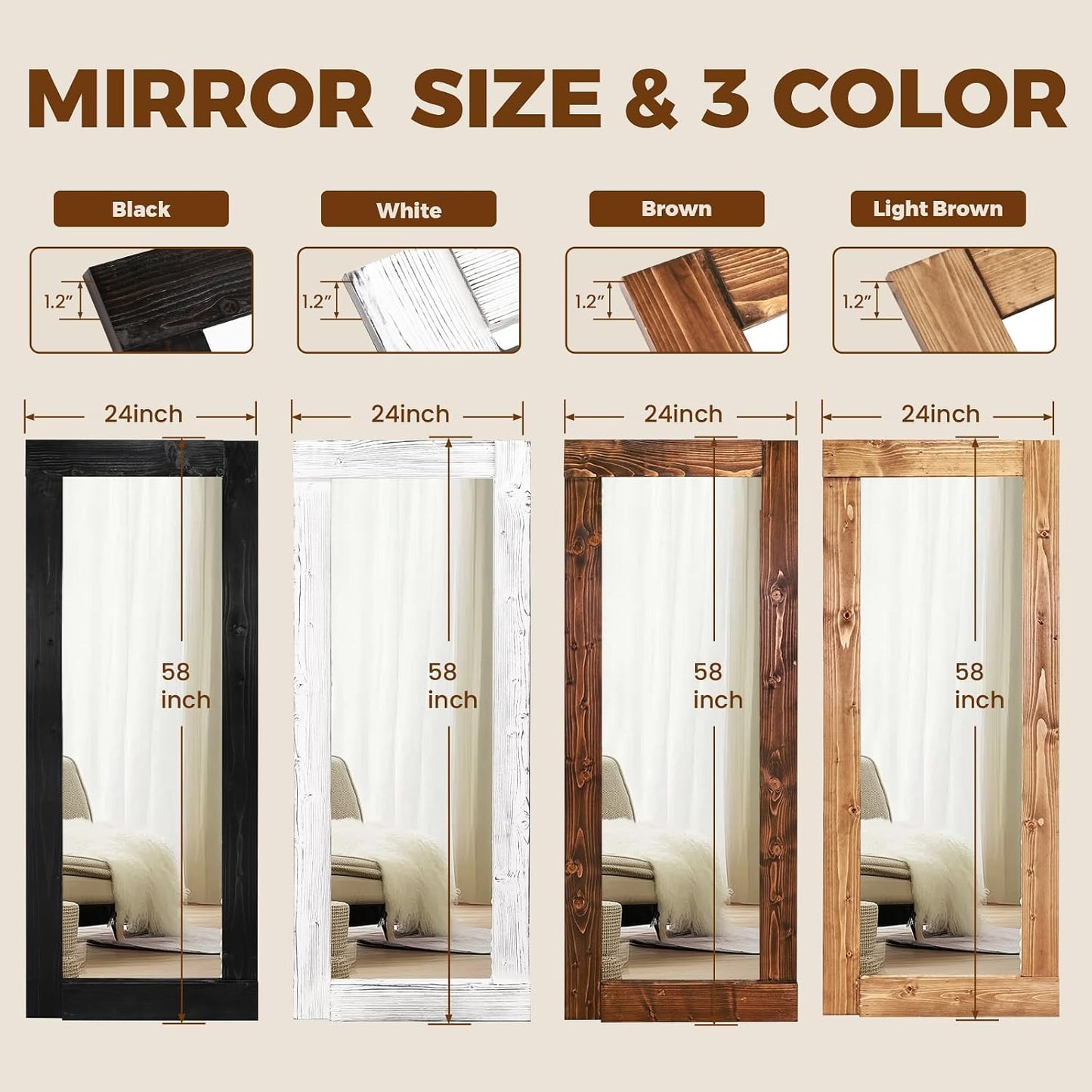 Solid Wood Full Length Mirror - 65"x22" Arched Floor Mirror, Free Standing & Wall Mounted - Elegant Design for Bedroom, Dressing Room, Hallway, Brown
