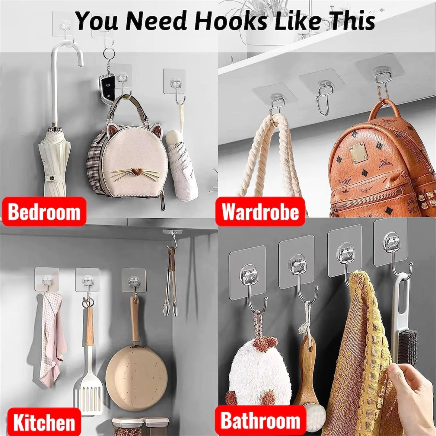 Luxe Hooks, Heavy Duty Wall Hooks, Waterproof Self Adhesive Hooks for Bathroom, Kitchen, Shower & Office, No Drill Wall Hooks for Towels, 10 Counts. (10, Transparent)