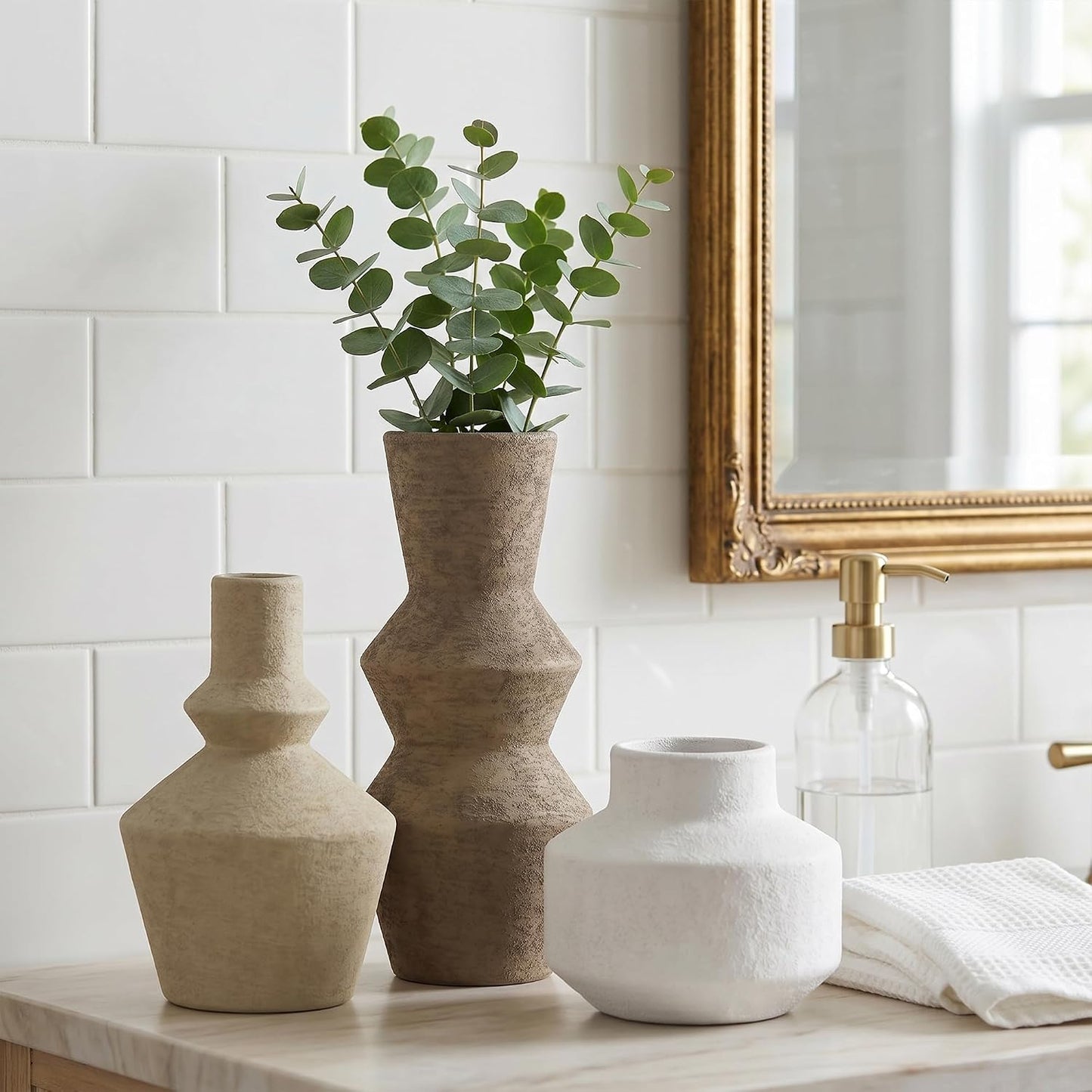 DREAMLOOM Ceramic Vase Set of 3, Modern Rustic Flower Vases for Pampas Grass, Dried & Fresh Flowers, Farmhouse Home Decor Vase for Living Room Bedroom Kitchen Shelf Centerpiece, Classic