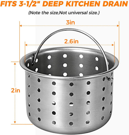 Deep Sink Strainer Basket – Fits Standard 3-1/2" Kitchen Drains – Stainless Steel Removable Strainer with 30 Disposable Mesh Bags – Makes Cleaning Food Debris Quick & Easy