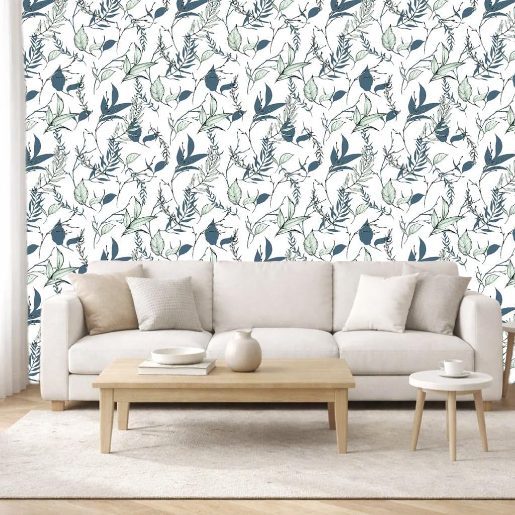 Sage Green and Blue Leaf Peel and Stick Wallpaper Modern Removable Self Adhesive Waterproof Renter Friendly Wall Covering for Bathroom and Accent Walls 17.7in x 88.5in