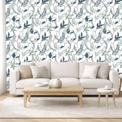 Sage Green and Blue Leaf Peel and Stick Wallpaper Modern Removable Self Adhesive Waterproof Renter Friendly Wall Covering for Bathroom and Accent Walls 17.7in x 88.5in