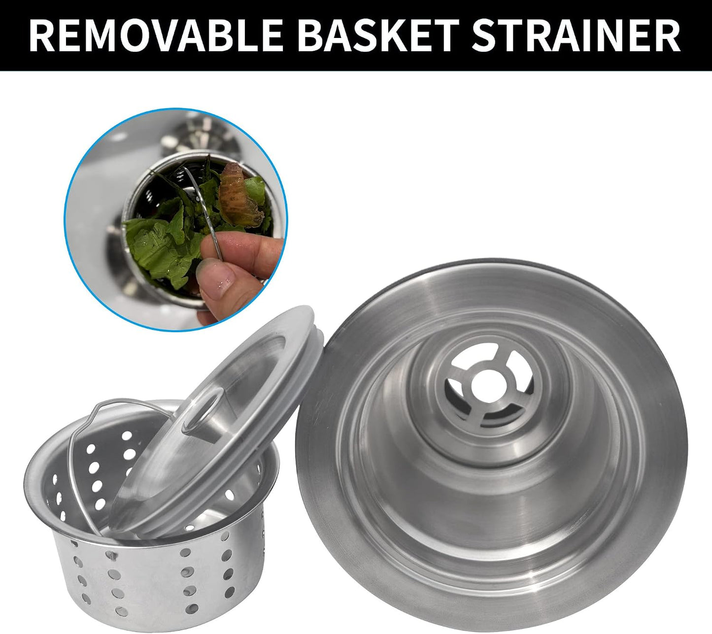 Kitchen Sink Drain Assembly Kit, 3-1/2 Inch Brushed 304 Stainless Steel Basket Strainer with Deep Removable Basket, Stopper & Cover Lid, Fits Standard Kitchen Sinks