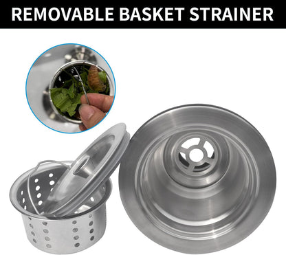Kitchen Sink Drain Assembly Kit, 3-1/2 Inch Brushed 304 Stainless Steel Basket Strainer with Deep Removable Basket, Stopper & Cover Lid, Fits Standard Kitchen Sinks