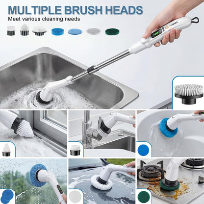 Electric Spin Scrubber, Power Cleaning Brush with 3 Speed Modes LED Light, 7 Replaceable Heads Cordless Shower Scrubber, Long Handle Extendable Scrubber for Bathroom, Floor, Tub, Tile, Grout