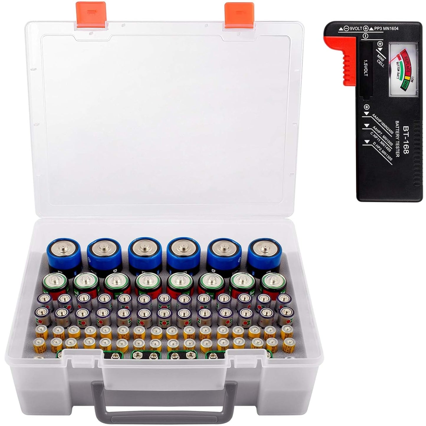 Battery Organizer Storage Box, Garage Storage Containers Case Holder with Checker Tester Fits for AA AAA C D 9V Lithium 3V (Not Includes Batteries Pack)