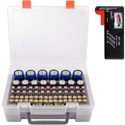 Battery Organizer Storage Box, Garage Storage Containers Case Holder with Checker Tester Fits for AA AAA C D 9V Lithium 3V (Not Includes Batteries Pack)