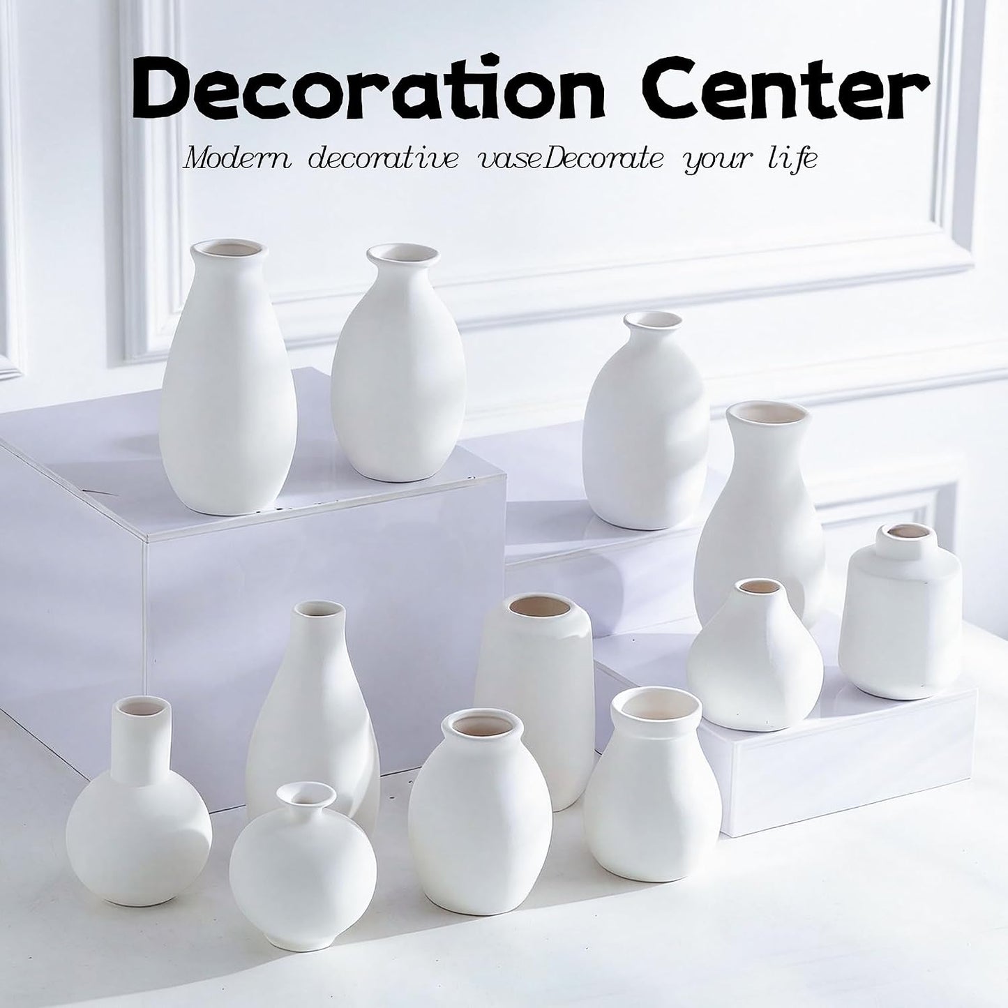 Small White Ceramic Vases Set of 5, Mini Decorative Boho Vases for Flower, Wedding & Home Decor