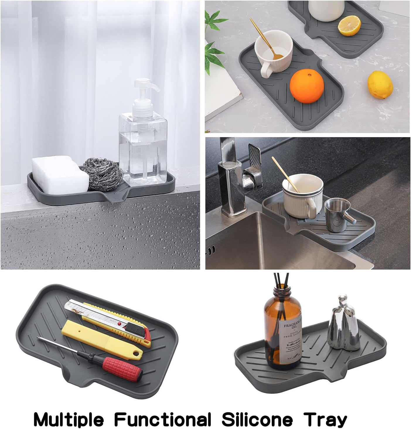 MicoYang Silicone Bathroom Soap Dishes with Drain Spout-Bathroom and Kitchen Sink Organizer,Sponge Holder,Dish Soap Tray,Perfect for Dispenser,Scrubber,Bottle,Cup on Sink or Counter-Coffee 4.9"×3.2"
