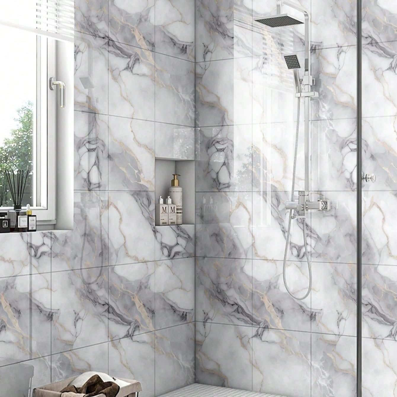 Chejiaye 10pcs Marble Peel and Stick Backsplash Waterproof Washroom Wall Panels, Peel and Stick Tile, PVC Foam Wall Panels for Kitchen,Bathroom,Living Room,Blue and Gold(Not Real Tile,11.8" x 11.8")