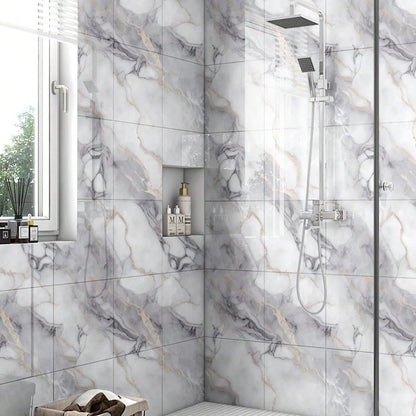 Chejiaye 10pcs Marble Peel and Stick Backsplash Waterproof Washroom Wall Panels, Peel and Stick Tile, PVC Foam Wall Panels for Kitchen,Bathroom,Living Room,Blue and Gold(Not Real Tile,11.8" x 11.8")