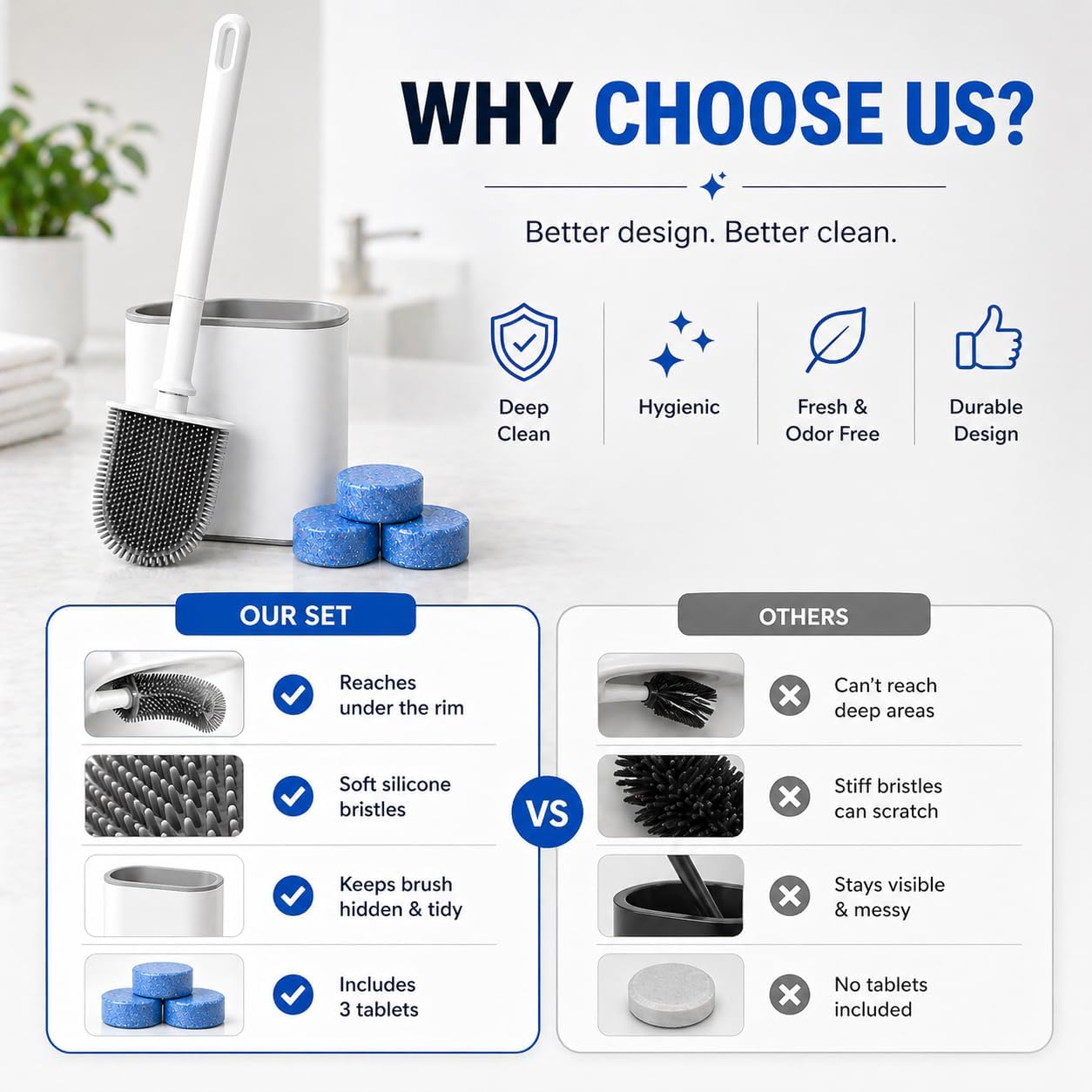 Silicone Toilet Brush and Holder Set with 3 Cleaning Tablets, Quick-Dry Base, Flexible Non-Scratch Bristles, Odor-Free Bathroom Toilet Bowl Cleaner Brush, Compact Space-Saving Design