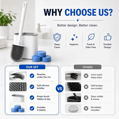 Silicone Toilet Brush and Holder Set with 3 Cleaning Tablets, Quick-Dry Base, Flexible Non-Scratch Bristles, Odor-Free Bathroom Toilet Bowl Cleaner Brush, Compact Space-Saving Design