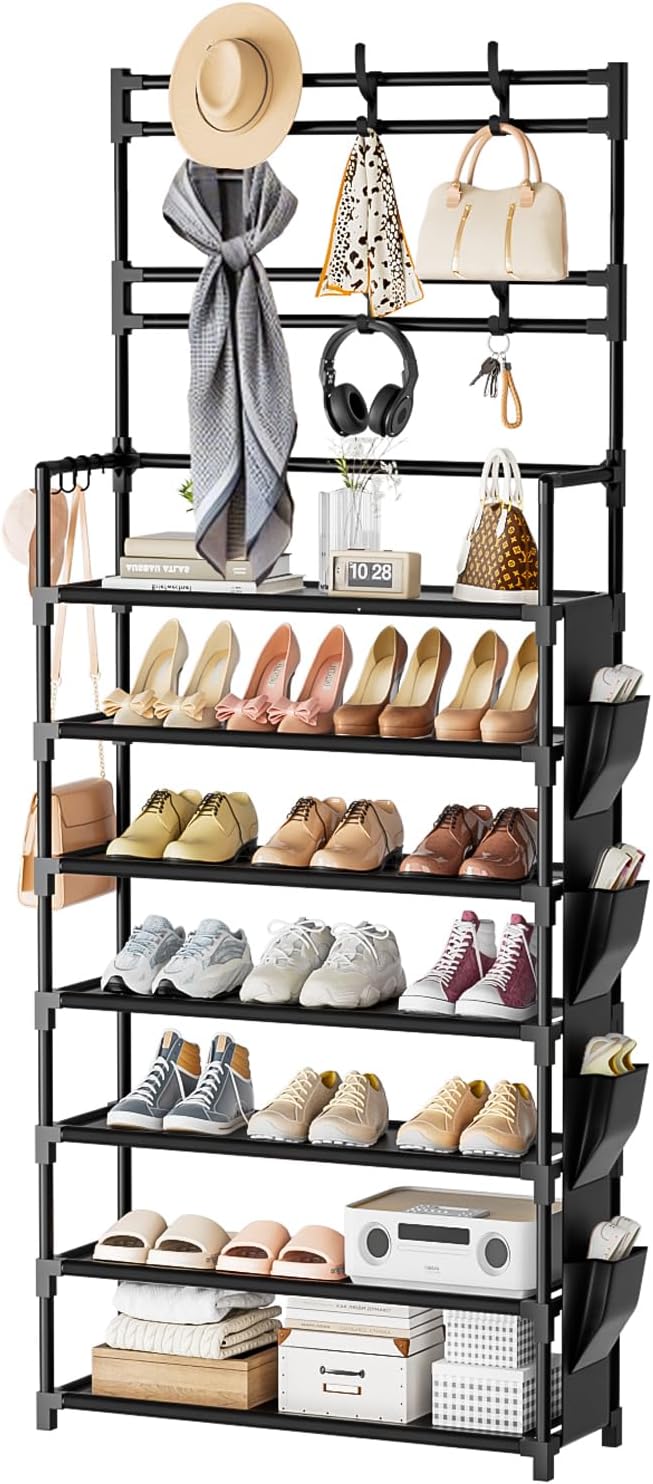 OYREL Shoe Rack 5 Tier Shoe Organizer Storage 15-20 Pairs Shoes Rack for Closet Entrance Shoe Rack Organizer with Hooks and Side Pocket Entryway Shoe Holder Space Saving Free Standing Shoe Racks