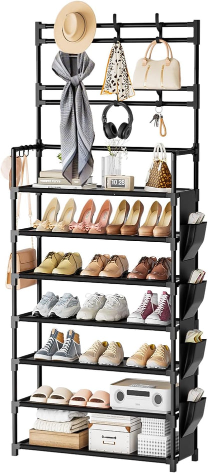 OYREL Shoe Rack 5 Tier Shoe Organizer Storage 15-20 Pairs Shoes Rack for Closet Entrance Shoe Rack Organizer with Hooks and Side Pocket Entryway Shoe Holder Space Saving Free Standing Shoe Racks
