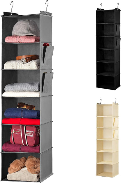 Handy Laundry Hanging Closet Organizer - 6 Shelf Storage for Clothes, Sweaters, Shoes & Accessories - Space-Saving Wardrobe Shelves with Hooks for Dorm, RV & Small Closet Organization (Beige)