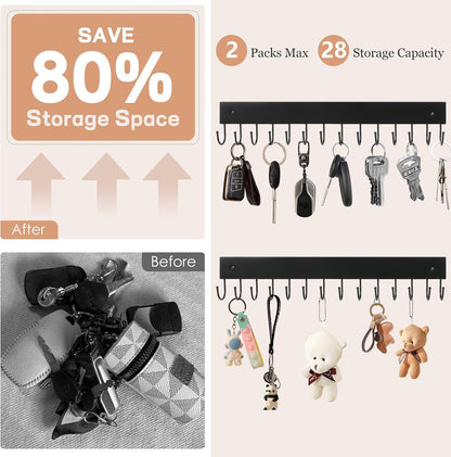2Pack Key Holder Wall Mount with 28 Rotating 180° Key Hooks, 14.6" Rustproof Organizer Hanger for Apartment Decor, Wall Storage Rack for Entryway, Living Room, Hallway, Bathroom, Kitchen(White)
