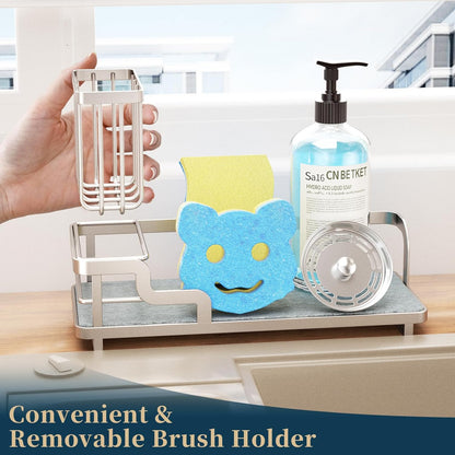 Consumest Sponge Holder for Kitchen Sink - Sink Caddy Organizer with Water Absorbing Stone Tray, Detachable Brush Holder, Stainless Steel Kitchen Counter Organizer Rack, Black