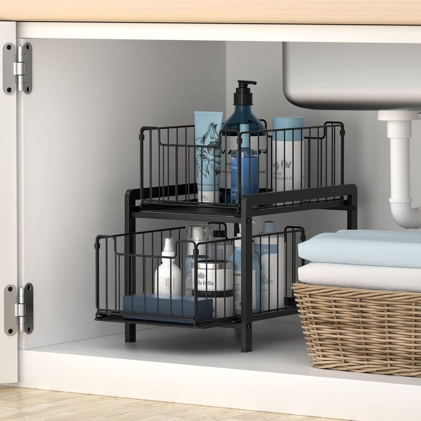 NPPLUS 2-Tier Under Sink Organzier: Iron Under Sink Cabinet Organizers With Sliding Drawer - Pull Out Home Storage For Bathroom Kitchen Desktop (Black)
