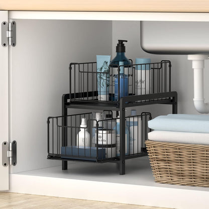 NPPLUS 2-Tier Under Sink Organzier: Iron Under Sink Cabinet Organizers With Sliding Drawer - Pull Out Home Storage For Bathroom Kitchen Desktop (Black)