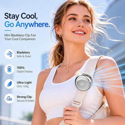 TFQXA1Z Ultra-Quiet Bladeless Clip-On Fan, 360° Rotatable Personal Fan with Digital Display, 5-Speed Rechargeable Mini Fan for Home, Office, School, Summer Gift (White)