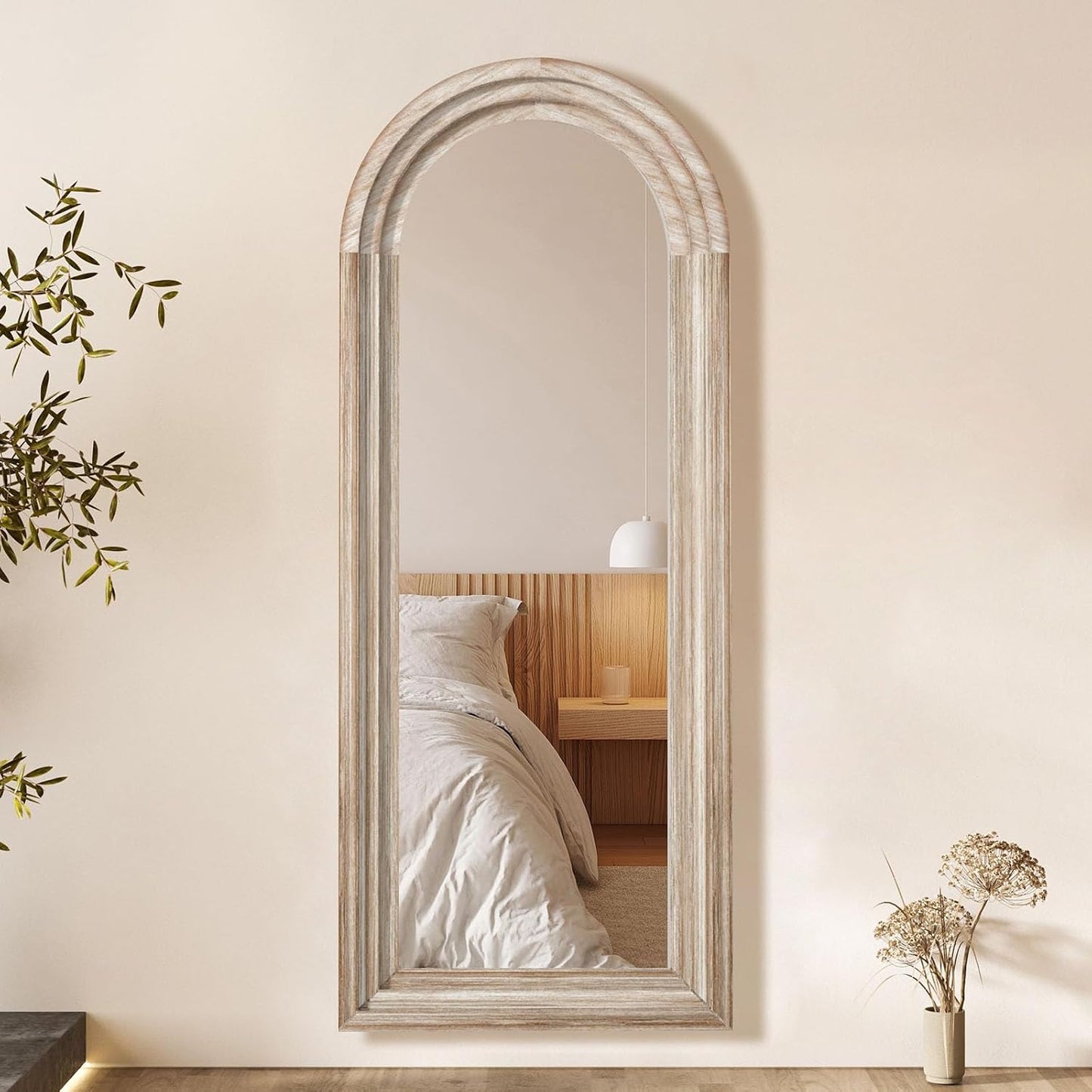 71x32 Inch Arched Full Length Mirror with Solid Wood Frame Wall Mounted Floor Mirror, Vertical Hanging Leaning Standing Mirror for Living Room, Bedroom, Entryway, Brown