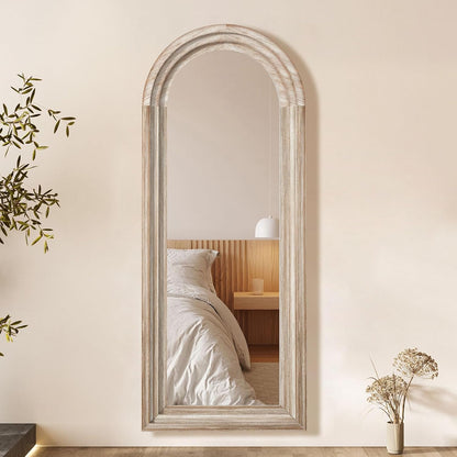 71x32 Inch Arched Full Length Mirror with Solid Wood Frame Wall Mounted Floor Mirror, Vertical Hanging Leaning Standing Mirror for Living Room, Bedroom, Entryway, Brown