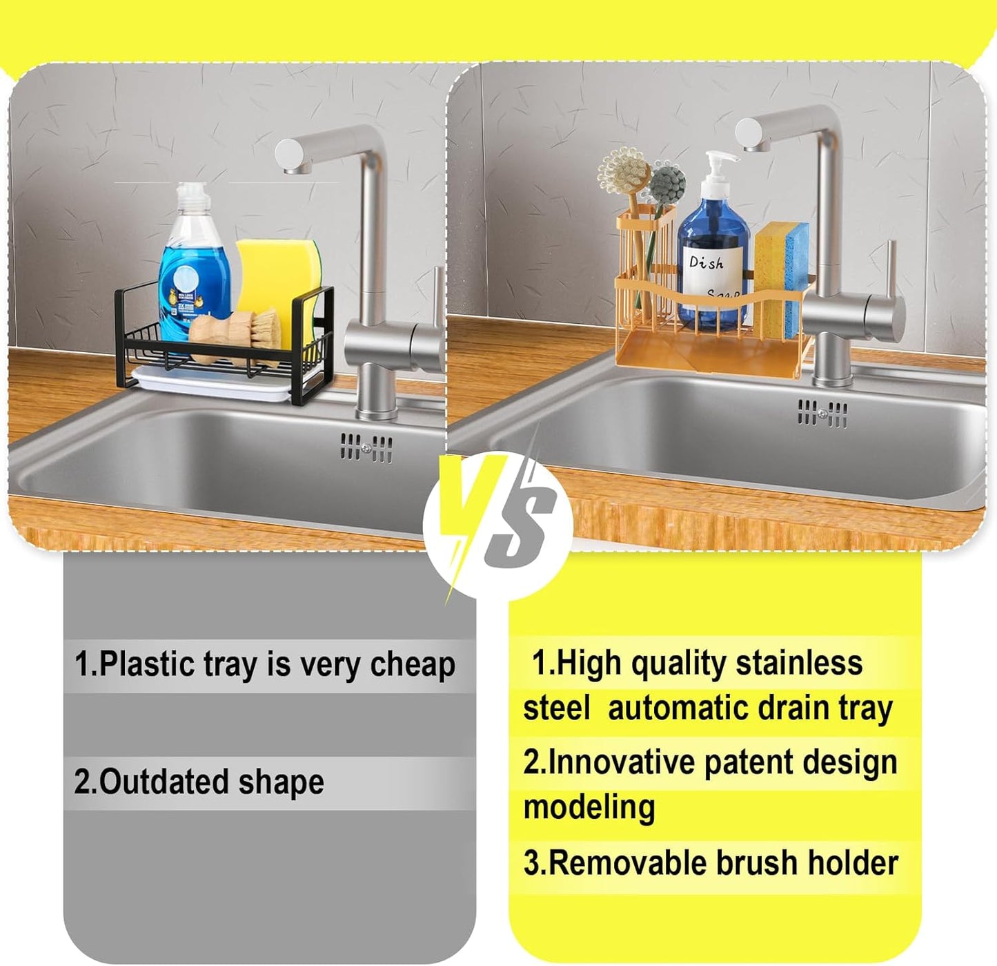Maifan Sink Caddy Sponge Holder for Kitchen with Brush Holder and Stainless Steel Self Drain Tray, Rustproof Kitchen Sink Organizer for Sponge, Soap Dispenser Storage Accessories (Lacquer Silver)