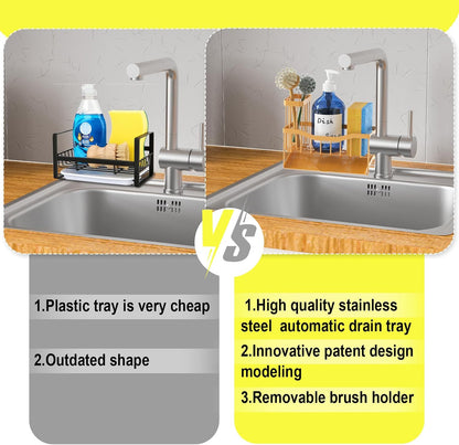 Maifan Sink Caddy Sponge Holder for Kitchen with Brush Holder and Stainless Steel Self Drain Tray, Rustproof Kitchen Sink Organizer for Sponge, Soap Dispenser Storage Accessories (Lacquer Silver)