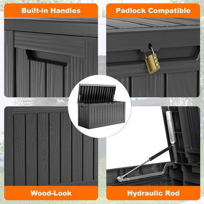 PatioZen 100 Gallon Resin Deck Box, Lockable Patio Outdoor Storage Box for Furniture, Garden Tools and Tools Storage, Waterproof Outside Storage Boxes - Black